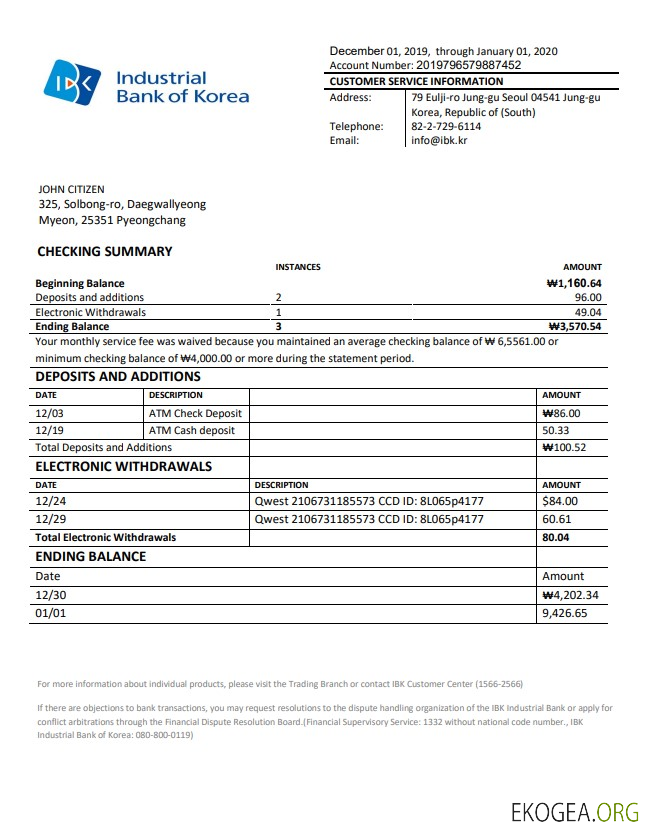 Modèle de relevé bancaire de la Banque industrielle de Corée du Sud de Corée au format Word et PDF